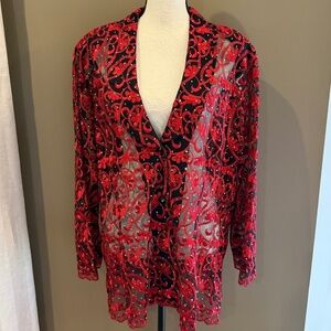 MaxiMa Red Floral Sheer Embroidered Sparkle Jacket Button Up, Party, Size 1X